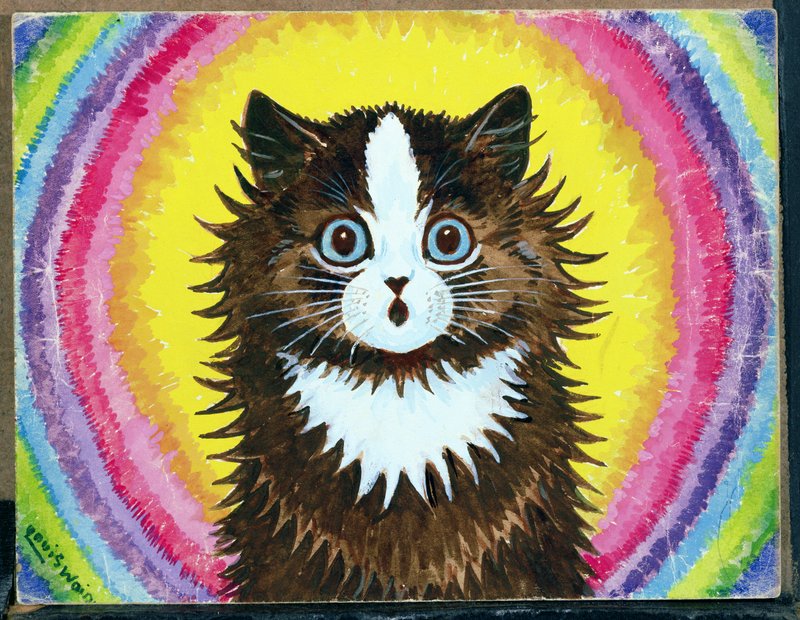 汽車に乗って虹を渡る子猫   パステル画 虹の中の猫 | ルイス・ウェイン